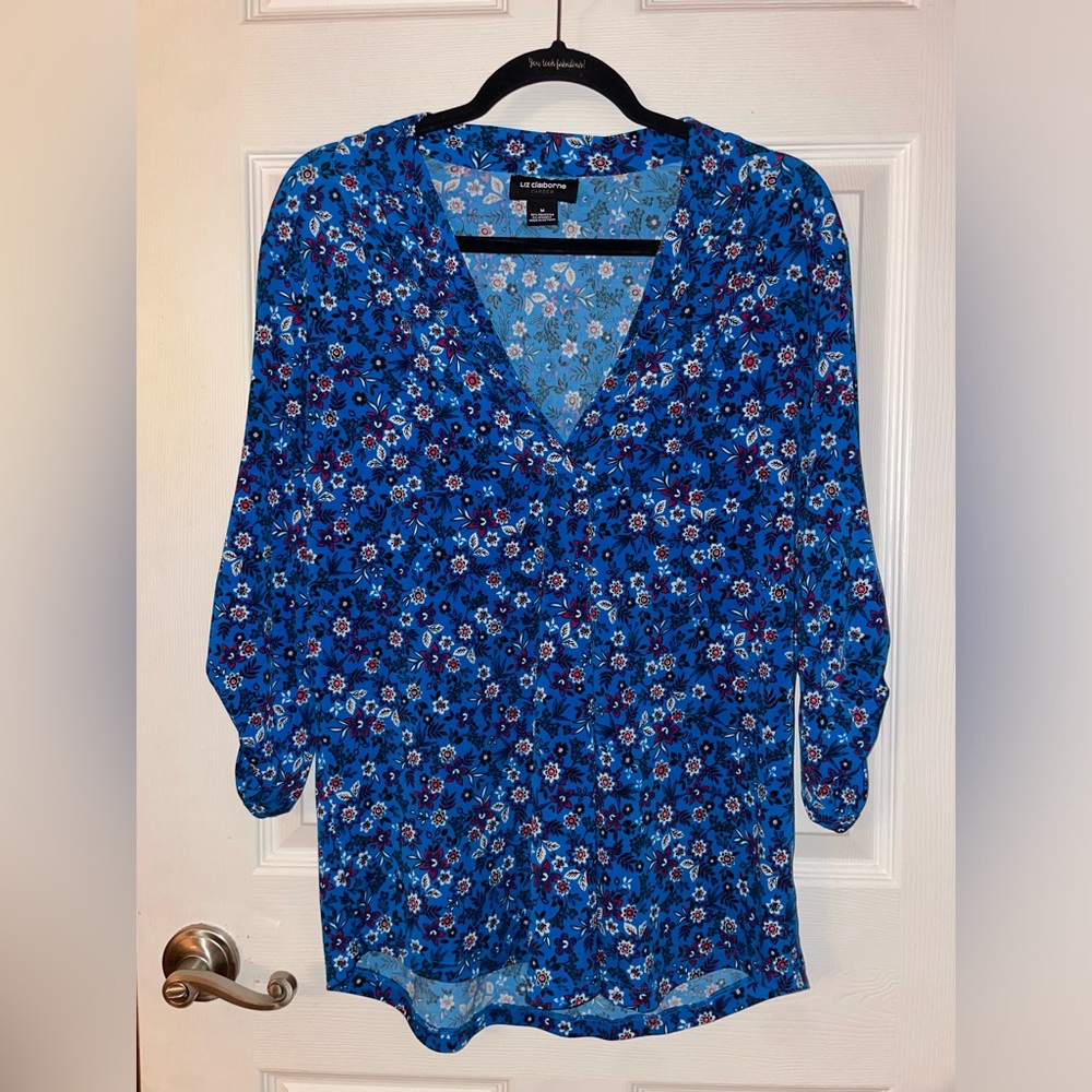 Liz Claiborne Royal Blue Floral V-Neck Blouse